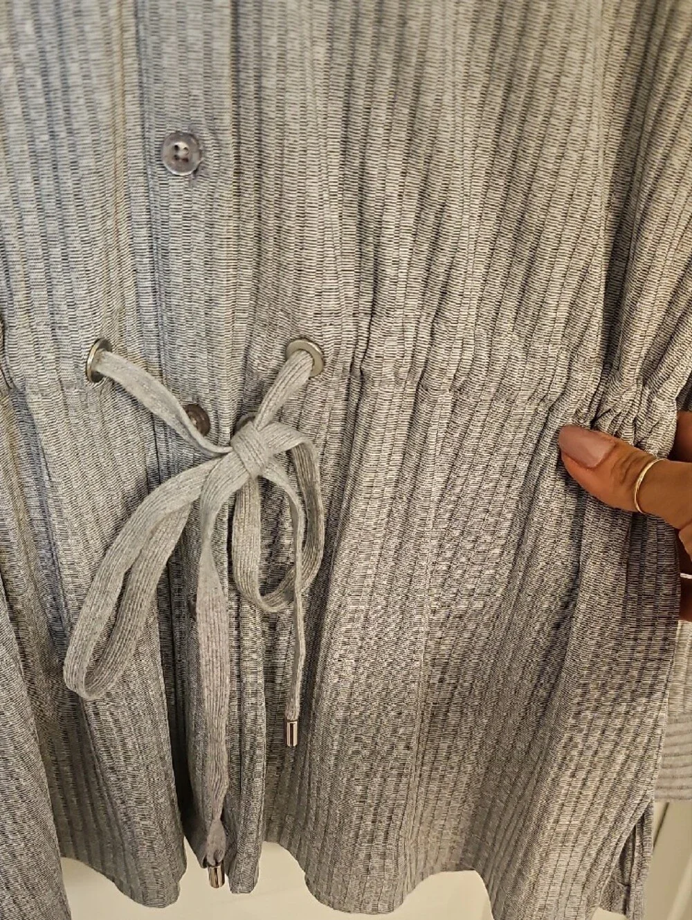 Calvin Klein Light Gray Ribbed Button-Front Drawstring Shirt - Picture 2 of 5